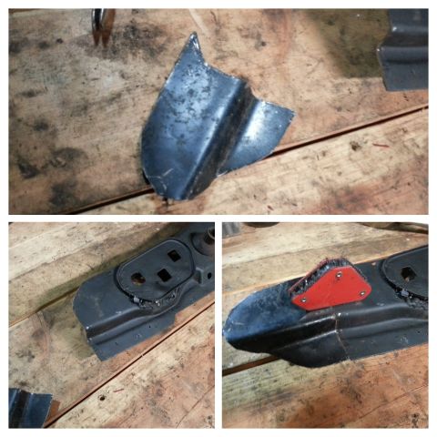 1984 Ford Bronco - Collage of workshop photos showing fabricated sheet-metal body brackets, not a technical document.