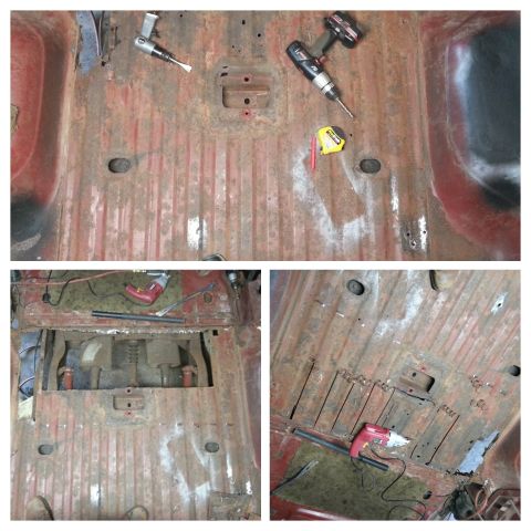1984 Ford Bronco - Collage of workshop photos showing a rusty cab floor pan and drivetrain, not a technical document.