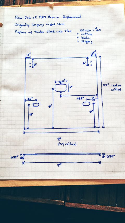 1984 Ford Bronco - Hand-drawn dimensioned drawing for a 1984 Bronco rear bed replacement panel, noting 20-gauge ribbed steel and critical 49-inch and 52-inch…
