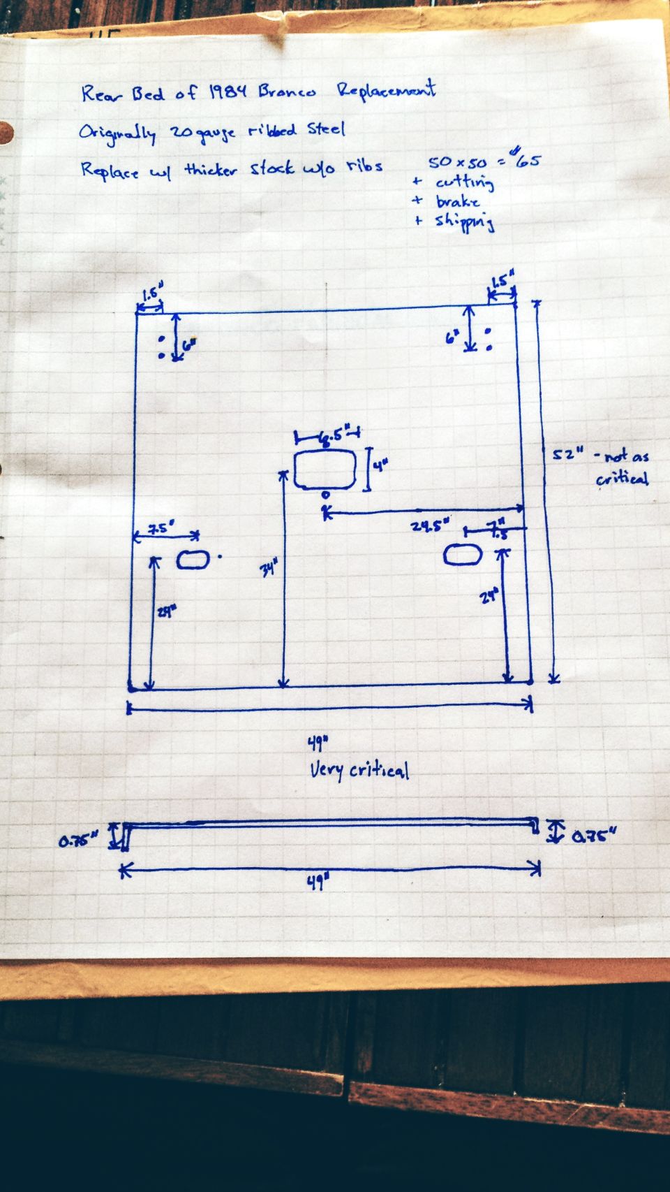 Hand-drawn dimensioned sketch of a 1984 Bronco rear bed replacement panel with measurements