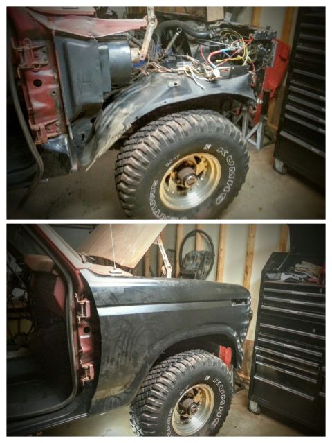 Two photos of a truck cab with fender and wiring during restoration