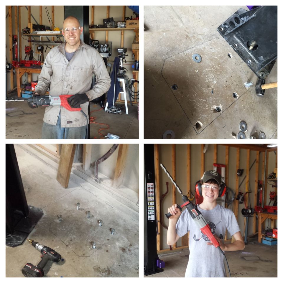 Four-photo collage of people drilling and setting anchors for a lift install
