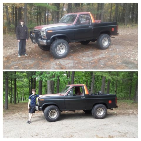 Two stacked photos of a lifted Bronco with a person in the woods