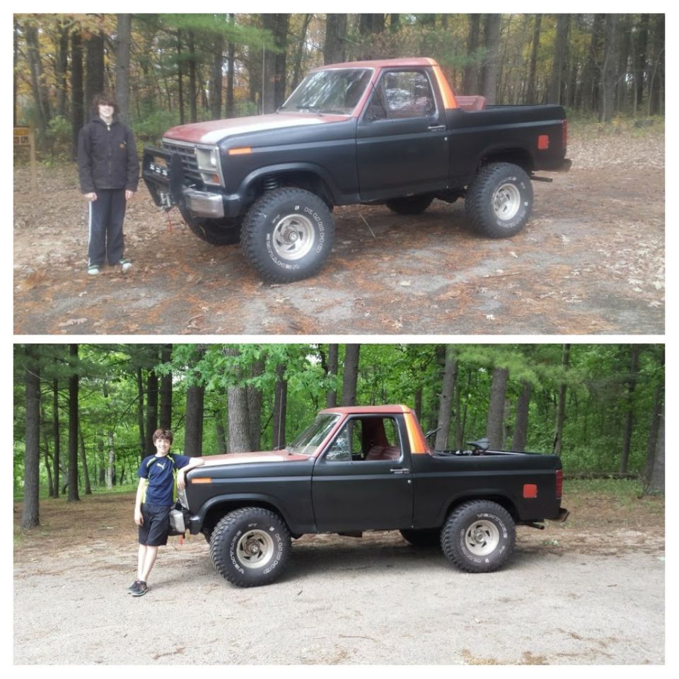 Two stacked photos of a lifted Bronco with a person in the woods
