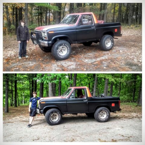 Two stacked photos of a lifted Bronco with a person outdoors