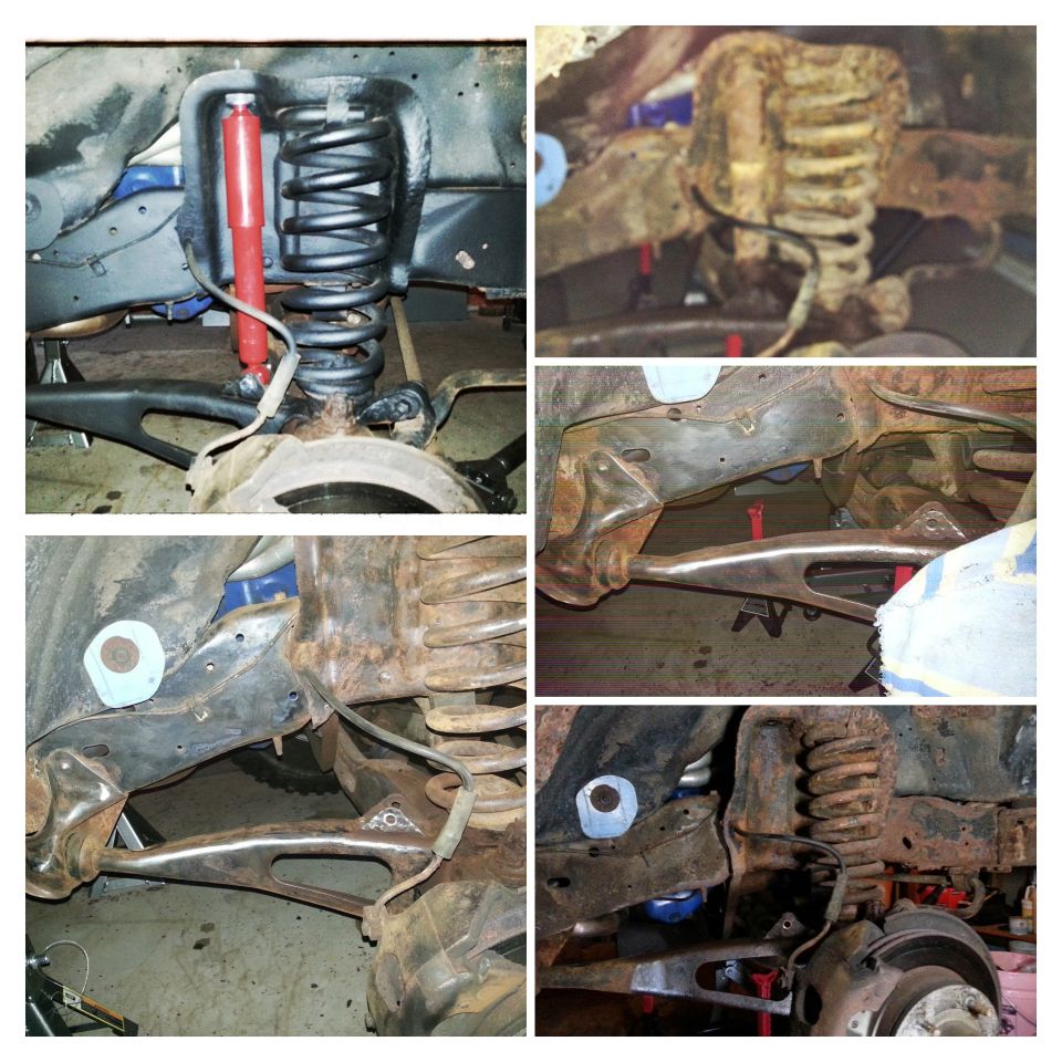 Five-panel collage of truck front suspension and radius arm photos