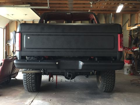 Rear view of project truck with coated tailgate and bumper