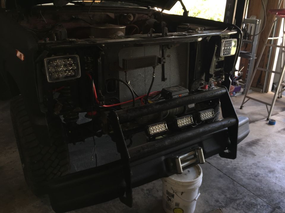 Truck front with LED light bar, headlights and winch installed