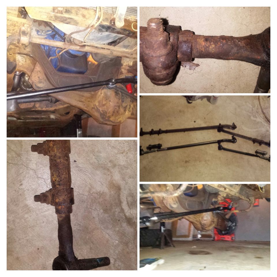 Collage of rusted steering components and vehicle undercarriage.