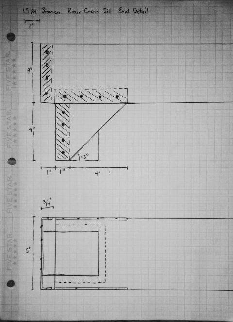 1984 Ford Bronco Rear Cross Sill End Detail - Dimensioned Repair Sketch