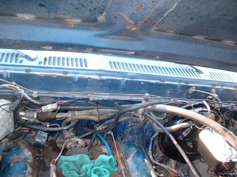 1978 Ford F-250 - View of the engine bay, showing various hoses, wiring, and the brake booster.