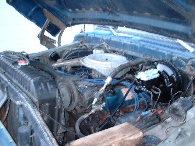 Blue 1978 Ford F-250 engine bay with hood open, showing the V8 engine, radiator, and brake booster