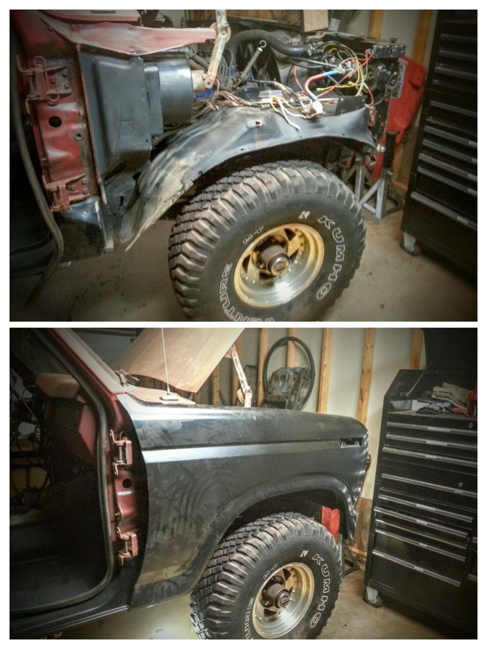 Vintage Ford Bronco under construction, showing engine bay and exterior.