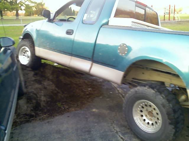 Teal and white Ford F-150 pickup truck with aftermarket wheels and toolbox.