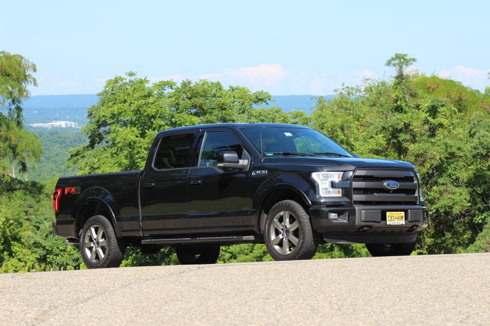 Black 2015 Ford F-150 pickup truck parked outdoors with trees and hills in the background.