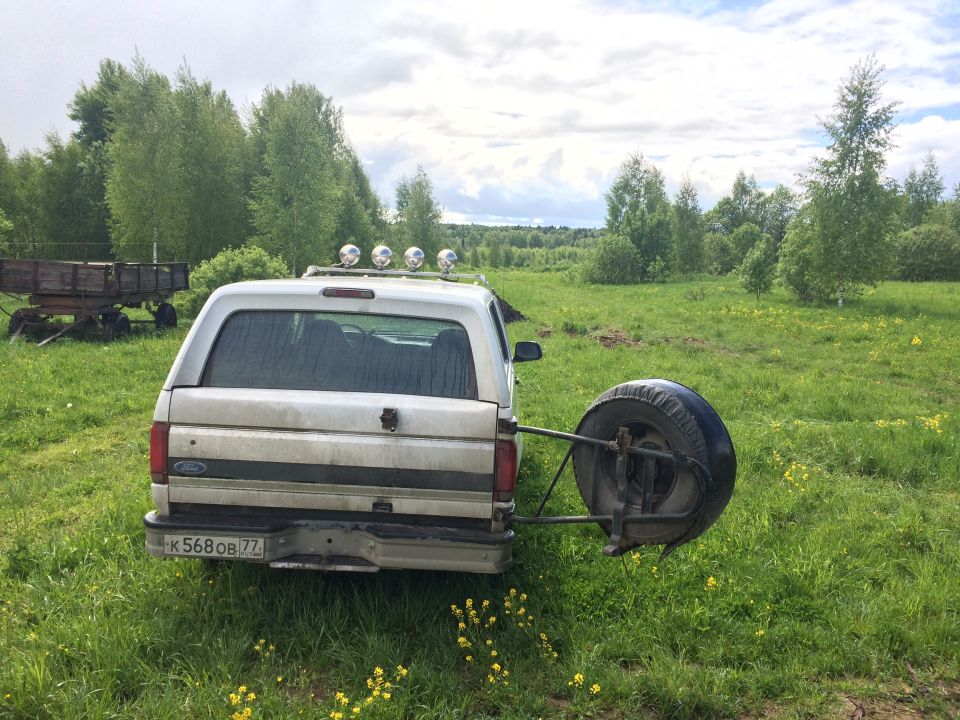 White Ford Bronco rear view with spare tire mount in a grassy field.