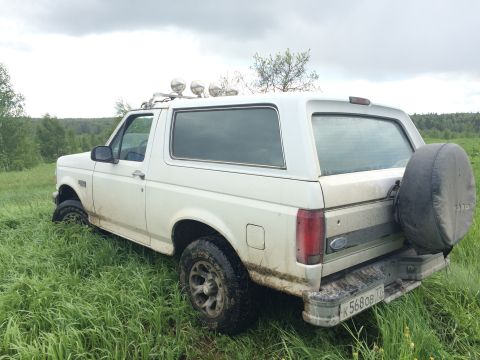 1993 Ford Bronco - The rear passenger side of a white, two-door Ford Bronco is parked in tall green grass. The vehicle has a spare tire mounted on the rear, r…