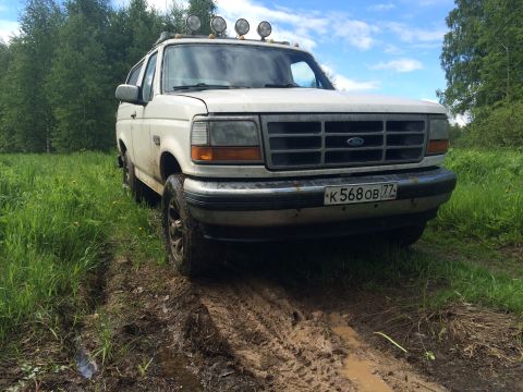 1993 Ford Bronco - A white Ford Bronco is parked on a muddy dirt road surrounded by tall green grass and trees under a blue sky with scattered clouds. The fro…