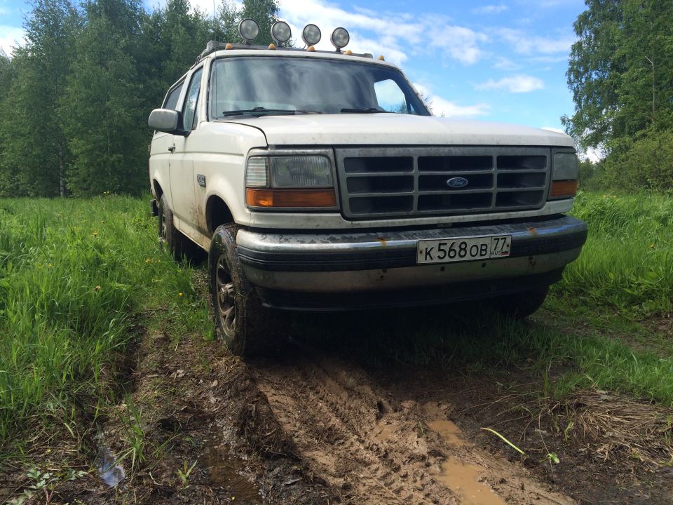 White Ford Bronco on a muddy road with green grass and trees.