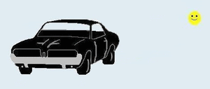 1968 Mercury Cougar - A stylized drawing of a black car is shown against a light blue background with a yellow smiley face in the upper right corner.