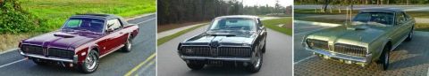 1968 Mercury Cougar - Three classic Mercury Cougars are displayed, each with distinct colors and angles.
