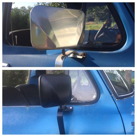 1979 Ford Bronco - This image shows a comparison between two side mirrors mounted on a blue vehicle.