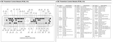 1996 Ford Bronco - Powertrain Control Module C185 connector pinout chart listing pin numbers, circuits and functions for the 5.0L engine.