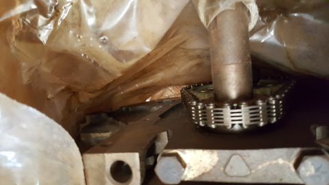 1973 Ford F-100 - Close-up of engine timing chain and gears, partially obscured by protective plastic wrapping.