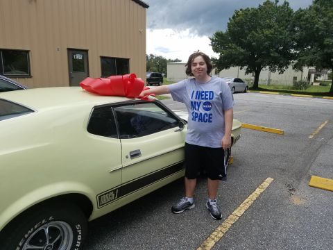 1971 Ford Mustang - A person stands next to a 1971 Ford Mustang Mach 1, which is adorned with a large red bow on its roof.
