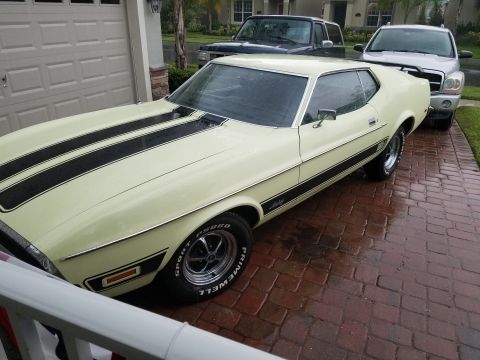 1971 Ford Mustang - Yellow 1971 Ford Mustang Mach 1 with black stripes on a wet driveway, other vehicles in background.