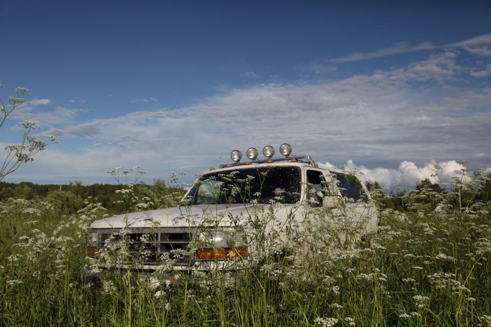 White SUV with roof lights parked in tall grass and wildflowers