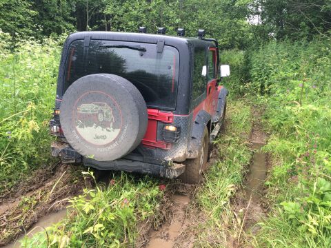1993 Ford Bronco - This Jeep Wrangler is stuck in the mud on an off-road trail.