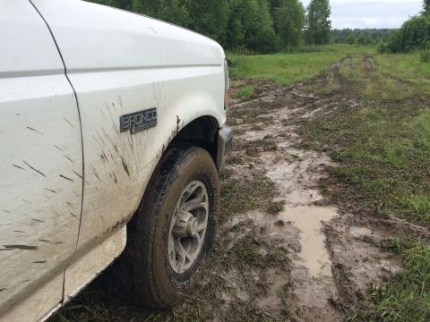 1993 Ford Bronco - This 1993 Ford Bronco is covered in mud after driving through a wet, grassy field.