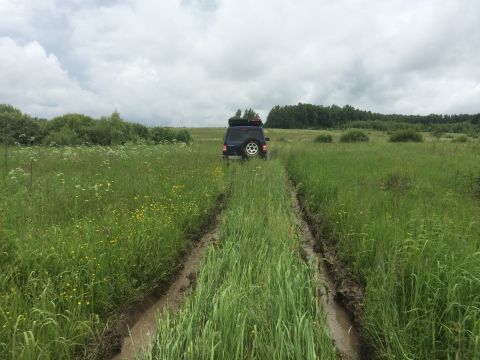 1993 Ford Bronco - A dark SUV navigates a muddy path through a wide, green field under a cloudy sky.