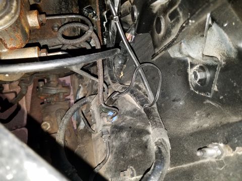 1971 Ford Mustang - Close-up view of engine bay wiring and brake lines, showing a coiled wire detail.