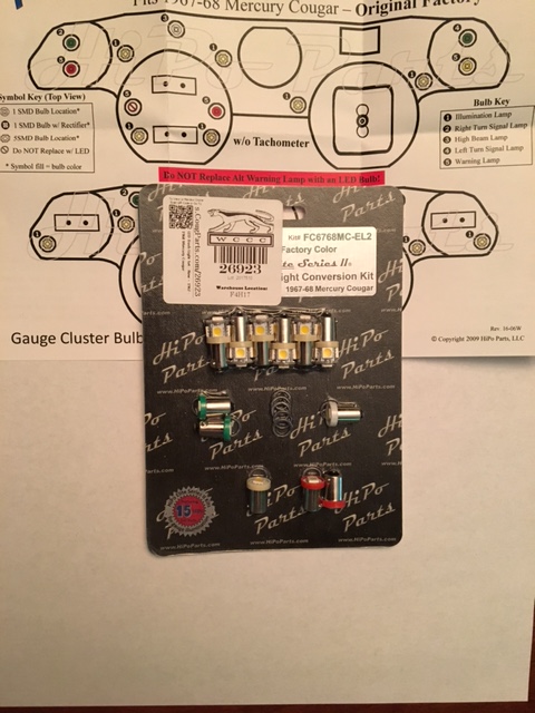 1968 Mercury Cougar - Diagram and parts kit for 1967-68 Mercury Cougar gauge cluster light conversion.