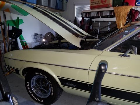 1971 Ford Mustang - This 1971 Ford Mustang Mach 1 is captured in a garage with its hood up, revealing racing stripes on the hood and body.