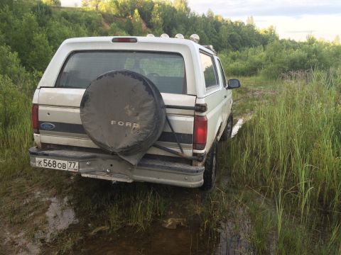 1993 Ford Bronco - This 1993 Ford Bronco is parked off-road in a muddy, overgrown area.