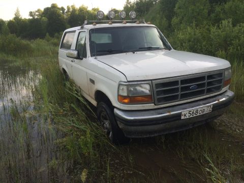 1993 Ford Bronco - A white Ford Bronco is stuck in a muddy, watery area surrounded by grass and trees.