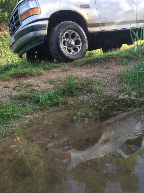 1993 Ford Bronco - This 1993 Ford Bronco is navigating a muddy trail with a water puddle in the foreground.