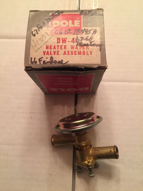 1967 Mercury Cougar - Box for a Dole heater water valve assembly, part number DW-467-68, with handwritten notes.