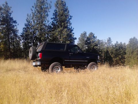 1995 Ford Bronco - A black Ford Bronco sits in a field of dry grass under a clear blue sky.