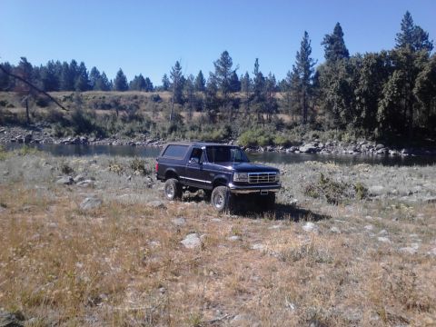 1995 Ford Bronco - A dark blue SUV is parked on a rocky bank next to a river under a clear blue sky.