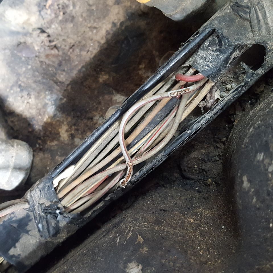 Opened wiring harness exposing aged wires with twisted bare-copper splices in dirty engine bay