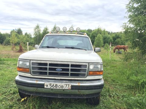 1993 Ford Bronco - The front view of a white Ford Bronco with a chrome bumper and a license plate reading "K 568OB 77 RUS" is parked in a grassy field with tr…
