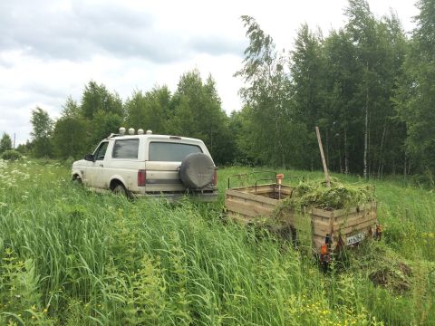 1993 Ford Bronco - A white 1993 Ford Bronco is parked in a grassy field next to a trailer filled with cut grass. The trailer has a wooden bed and a license pl…