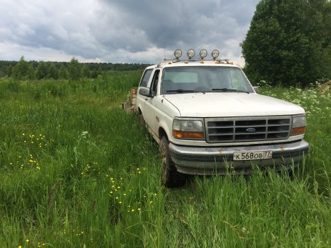 1993 Ford Bronco - A white 1993 Ford Bronco is parked in a grassy field with a forest in the background under a cloudy sky. The vehicle has four auxiliary lig…