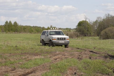 1993 Ford Bronco - A white Ford Bronco is parked in a grassy field with a treeline in the background under a cloudy sky. The vehicle has four auxiliary lights…