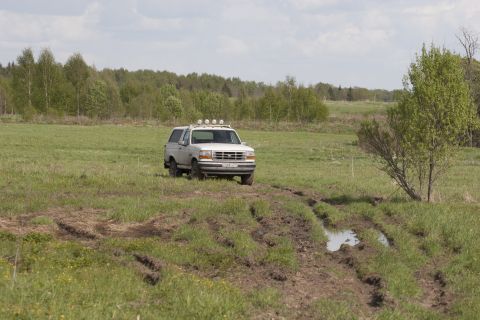 1993 Ford Bronco - A white 1993 Ford Bronco is parked in a grassy field with a line of trees in the background. Tire tracks are visible in the muddy ground in…