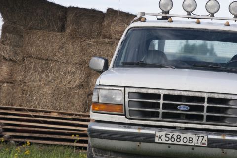 1993 Ford Bronco - The front of a white Ford pickup truck is shown parked in front of a large stack of hay bales. A license plate with Russian characters is v…